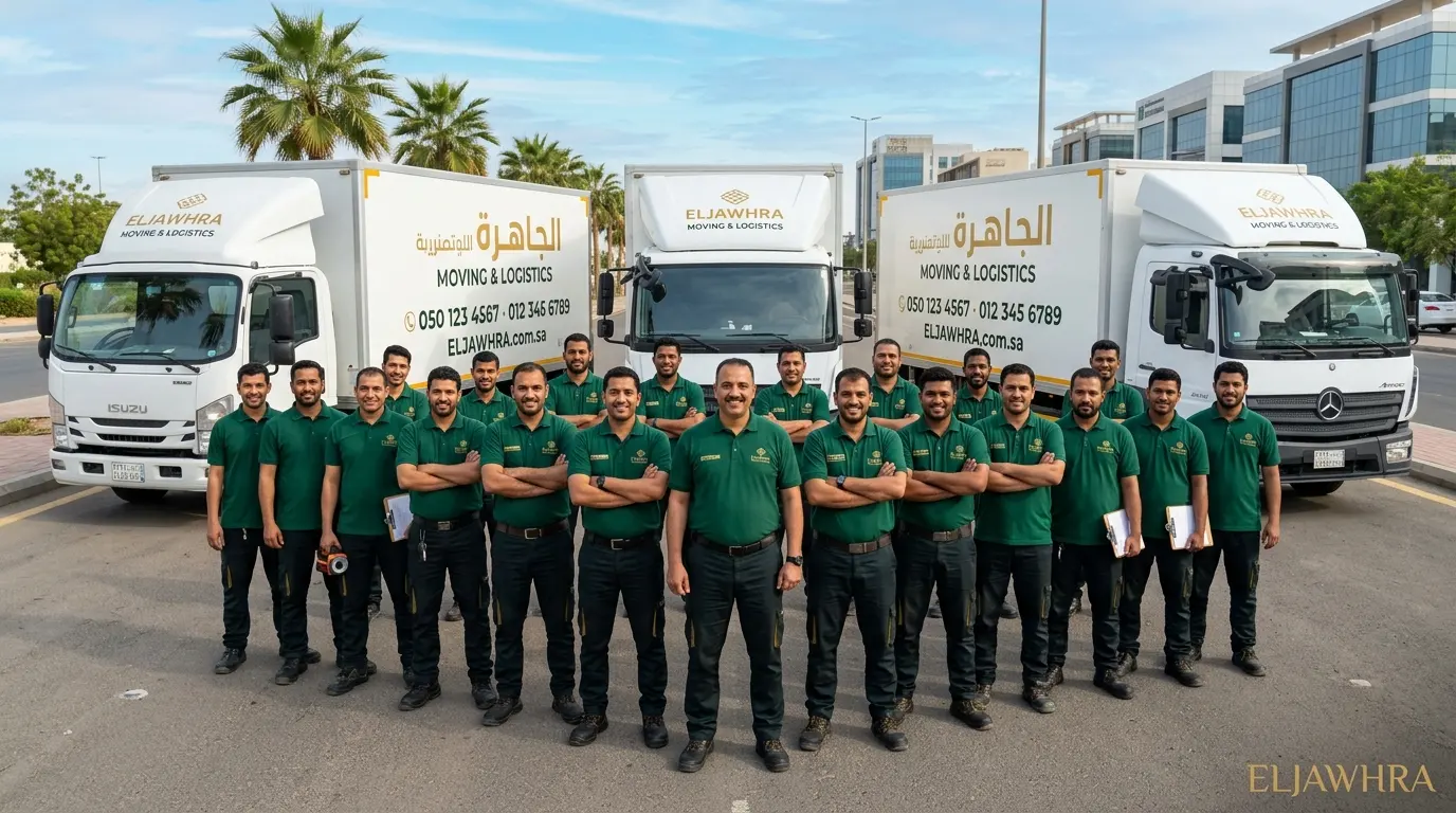 صورة جماعية لفريق عمل وسائقي شركة الجوهرة لنقل العفش بجدة